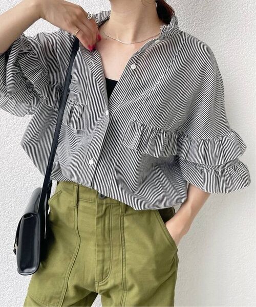 美品『Spick&Span』スピックアンドスパン コットンシルク ティアード フリルスリーブ ブラウス シャツ ストライプ 長袖