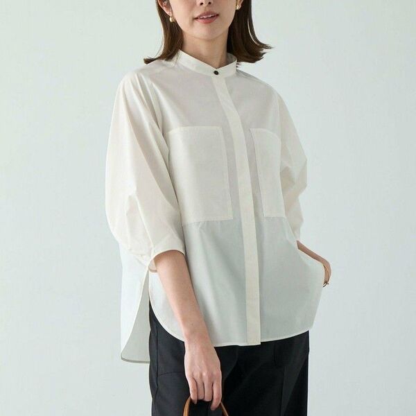 美品『UNFILO』アンフィーロ 撥水 軽量 UVケア バンドカラーシャツ XL オーバーサイズ 羽織 構築スリーブ ボリューム