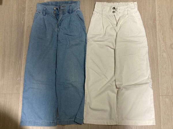 GU キッズ デニムパンツ 2本セット GIRLSデニムハイウエストタックワイドパンツ Sサイズ