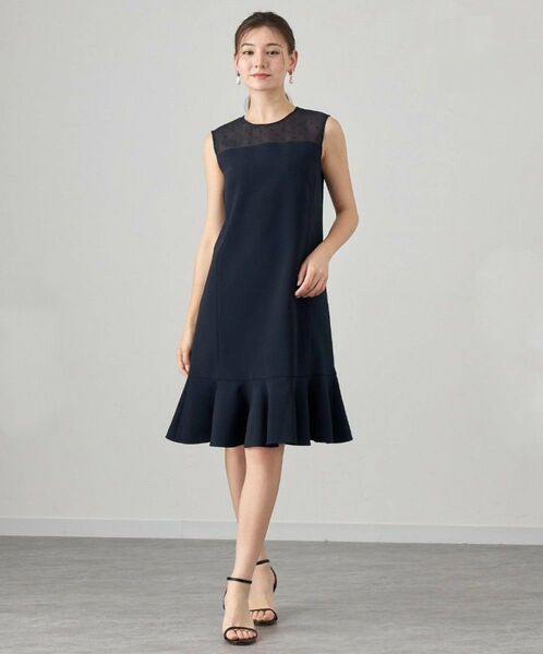 【ANAYI】24年美品 ストレッチクロスヘムフリルワンピース 34 ネイビー