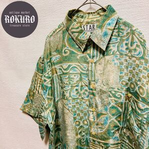 ビンテージ】STARスター 総柄レギュラー半袖シャツ Mサイズ シルク