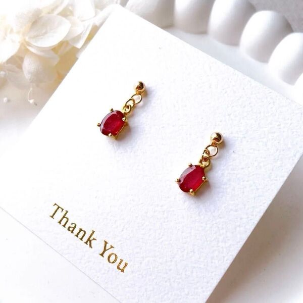 18KGP☆女王ルビー☆6mm×5mm天然石スタッドピアス☆イヤリング