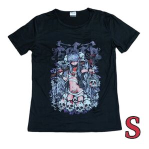 病みかわ 半袖Tシャツ 闇カワイイ 地雷系 量産型 原宿系 ゴスロリ 黒 ブラック 夏 S 病みカワ プリント イラスト 女の子