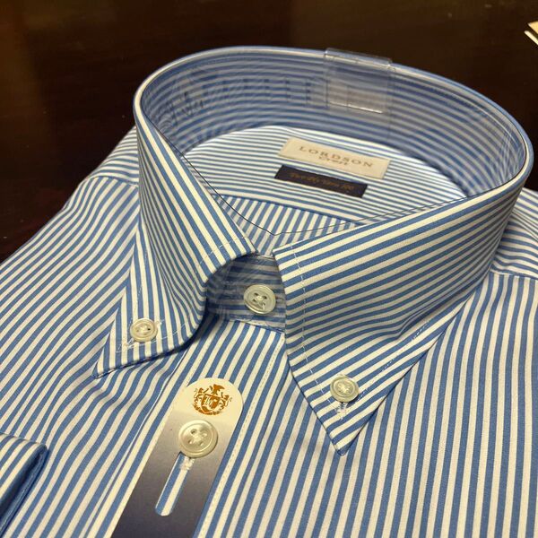 LORDSON Crest形態安定ワイシャツ ブルーロンドンストライプ LL(43-84)ボタンダウン 100番手素材
