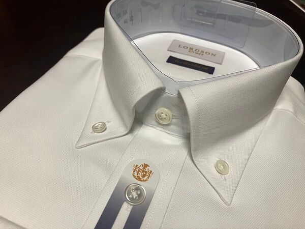 LORDSON Crest形態安定ワイシャツ 白無地 M(39-84)ボタンダウン 100番手素材