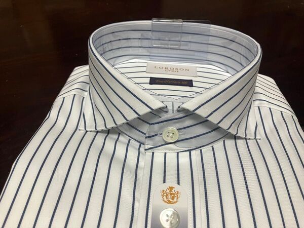 LORDSON Crest形態安定ワイシャツ 白地×紺ストライプ L(41-84)ホリゾンタル 100番手素材