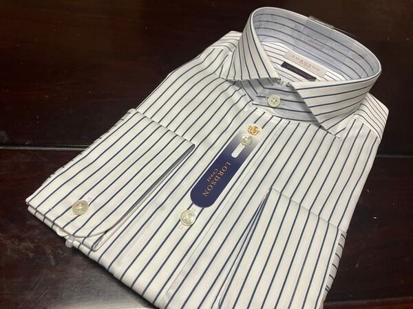 LORDSON Crest形態安定ワイシャツ 白地×紺ストライプ L(41-86)ホリゾンタル 100番手素材