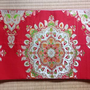 袋帯 絹 刺繍 アンティーク 赤 花紋 高級 リメイク