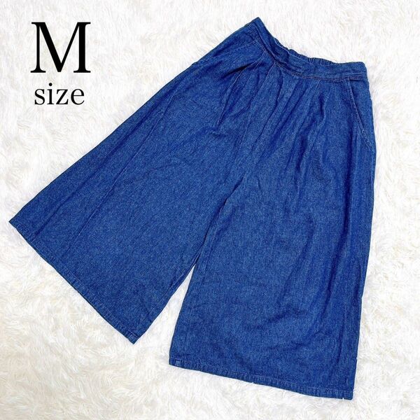 レディース ボトムス 膝下パンツ ガウチョパンツ ワイドパンツ ズボン デニム風 ネイビー 無地 M 美品 ウエストゴム