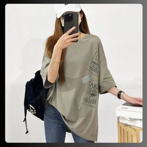 【カーキ】オーバーサイズ ミディアムロング丈 半袖 ラウンドネック Tシャツ ゆったり おしゃれ FREE
