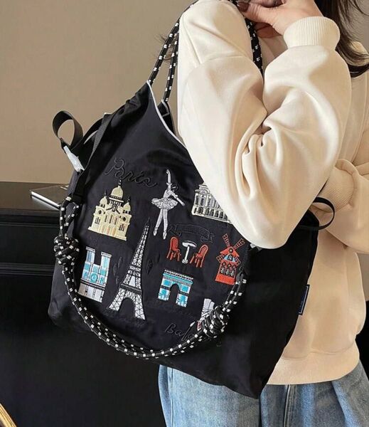ストラップ付き トートバッグ 刺繍 黒 ブラック バレエ ボールアンドチェーン ナイロン 軽量 撥水 アウトドア かばん 新品