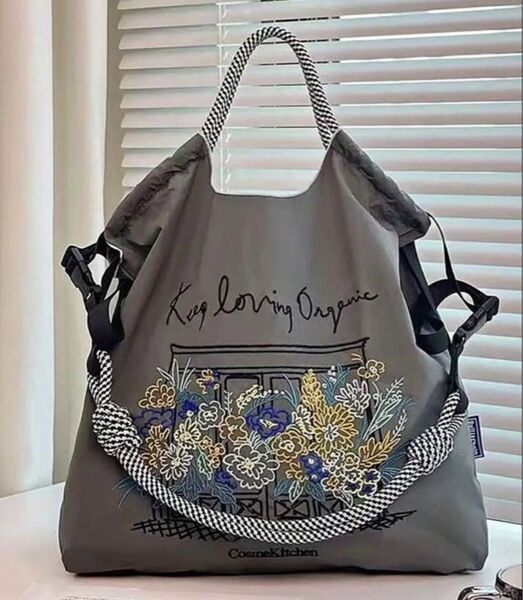 ストラップ付き トートバッグ エコバッグ ボールアンドチェーン 花柄 グレー ショルダーベルト付き 刺繍 おしゃれ かわいい