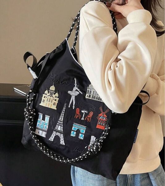ストラップ付き トートバッグ 刺繍 ナイロン ボールアンドチェーン エコバッグ レディース 刺繍 バレエ パリ 人気 肩掛け