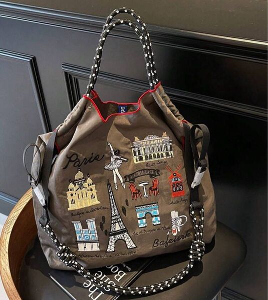ストラップ付き トートバッグ エコバッグ ナイロン 刺繍 ボールアンドチェーン バレエ ショルダーベルト付き おしゃれ