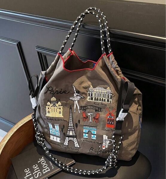 ストラップ付き トートバッグ エコバッグ 刺繍 ボールアンドチェーン バレエ ナイロン 軽量 ショルダーベルト付き おしゃれ