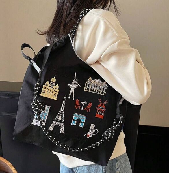 ストラップ付き トートバッグ マザーズバッグ ボールアンドチェーン 刺繍 黒 ブラック ショルダーベルト付き ナイロン 軽量