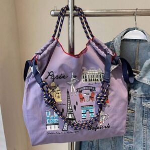 ストラップ付き トートバッグ 刺繍 ナイロン ボールアンドチェーン エコバッグ レディース バレエ ラベンダー 紫 パリ 人気