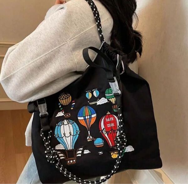 ストラップ付き トートバッグ おしゃれ 黒 ブラック ボールアンドチェーン 刺繍 ショルダーベルト付き レディース お買い物