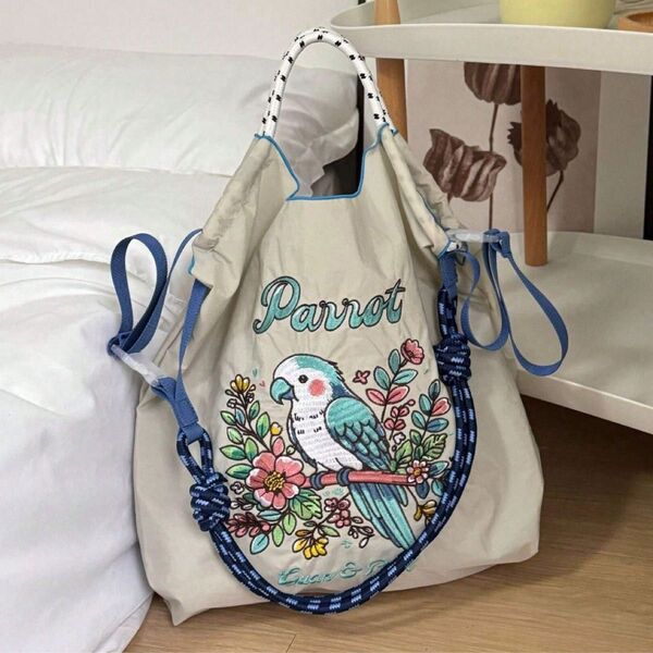 ストラップ付きトートバッグ 鳥 オウム インコ ボールアンドチェーン 刺繍 レディース マザーズバッグ エコバッグ 肩掛け 大容量