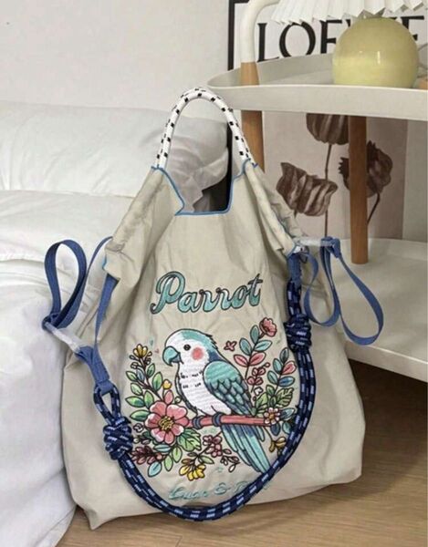 ショルダーベルト付き トートバッグ 鳥 オウム エコバッグ ボールアンドチェーン ナイロン 撥水 刺繍 おしゃれ 軽量 大容量