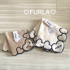 新品未使用【FURLA フルラ】ハートモチーフタオルハンカチ2枚セット♪ ハート ロゴ刺繍 ミニタオル アイボリー ベージュ