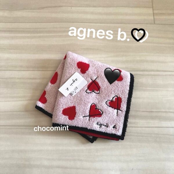 新品未使用《アニエスベー agnes b. ★】ハート柄 刺繍入り タオルハンカチ♪大判サイズ ミニタオル ハンドタオル レッド