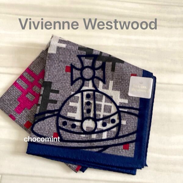 新品未使用★ヴィヴィアンウエストウッドVivienne Westwood プリントハンカチーフ オーヴ ORB グレー×ネイビー