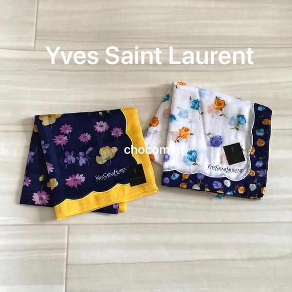 新品未使用【イヴ・サンローラン YSL】フラワープリントハンカチーフ 2枚セット♪花柄 Yves Saint Laurent