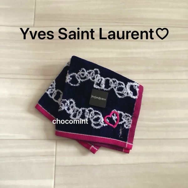 新品未使用【イヴ・サンローラン YSL】ハートモチーフ 刺繍入りタオルハンカチ Yves Saint Laurent ネイビー