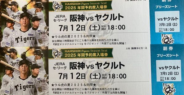 甲子園 ヤクルト戦 7月12日 ブリーズシート 2枚