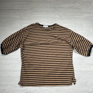 しまむら シーズンリーズン ボーダー 五分袖Tシャツ ベージュ×黒 3L