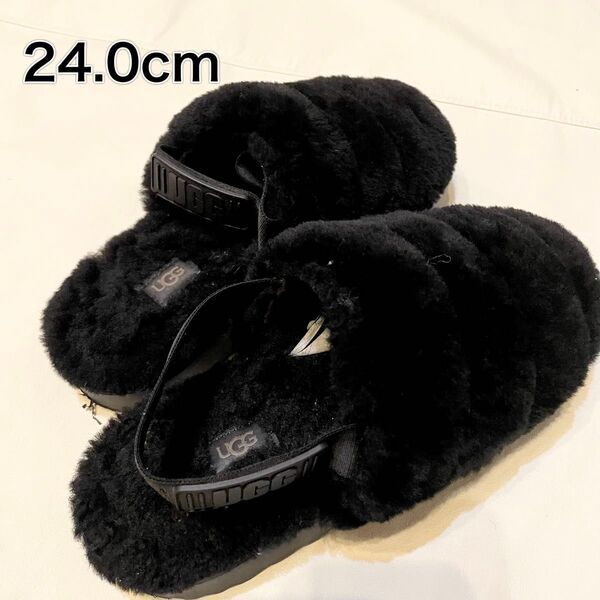 24.0cm UGG ムートンサンダル 黒 フラッフ イヤー スライド