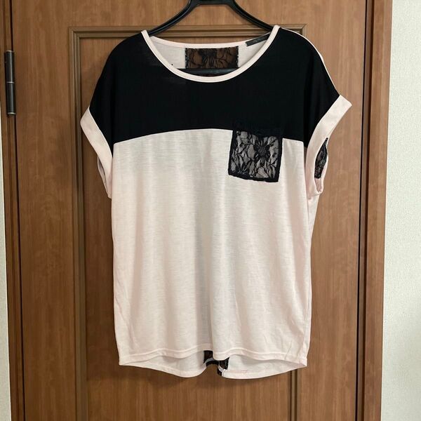 レースポケット付きフレンチスリーブロングTシャツ ピンク ロング