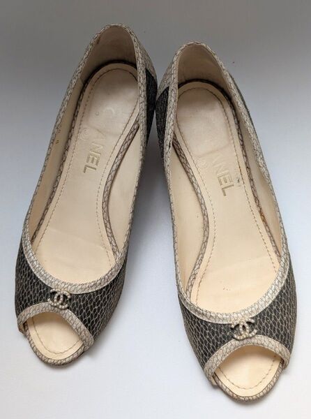 美品 訳有 CHANEL ココマーク シャネル ローヒール パンプス 38サイズ バイカラー オープントゥ 春夏