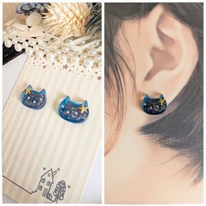 煌めく 星空 猫 ピアス イヤリング