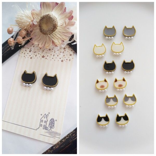 おしゃれ 黒猫 パール ピアス イヤリング