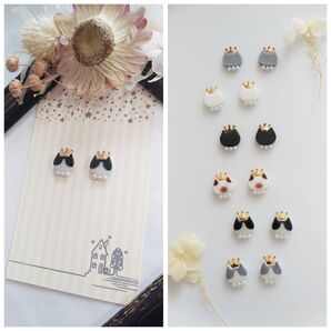 King×cat 王冠 ハチワレ猫 白黒 パール ピアス イヤリング