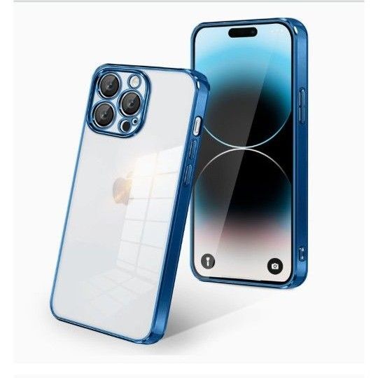 iPhone 14 ProMax ケース クリア 耐衝撃 メッキ加工 スマホケース ストラップホール付き TPU素材 ブルー
