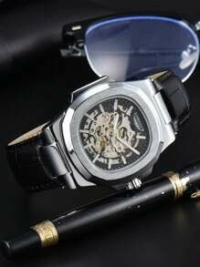腕時計 メンズ LONG LUX 自動巻 スケルトン 黒レザー 新品522374
