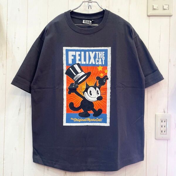 新品タグ付き FELIX ヴィンテージ加工 グラフィックプリント半袖Tシャツ アメカジ チャコール Lサイズ ユニセックス
