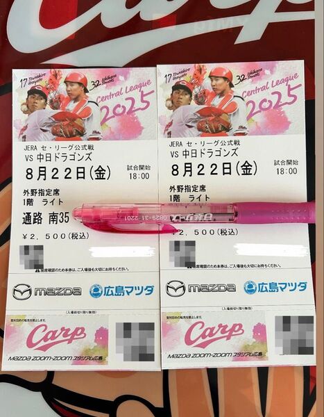 広島vs中日 8/22 外野指定席 2枚