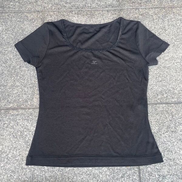 Courreges クレージュ ロゴ サマーニット トップス S 美品 半袖 ブラック