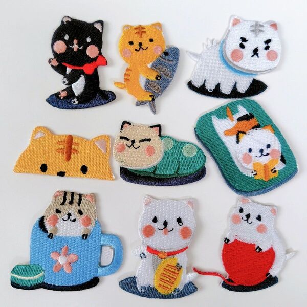 ワッペン アイロン刺繍 9枚セット アイロン接着 猫 アップリケ 縫い付け DIY服 ねこ かわいい