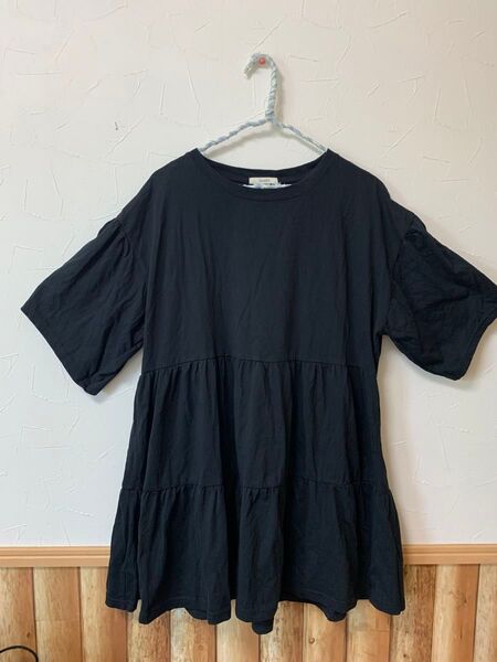 フリルTシャツ 半袖Tシャツ カットソー チュニック 黒 ブラック L Lサイズ ゆったり 大きいサイズ dearful
