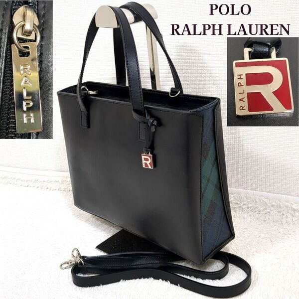 POLO RALPH LAUREN ハンドバッグ ショルダーバッグ 2way チャーム チェック柄 斜め掛け ブラック レザー
