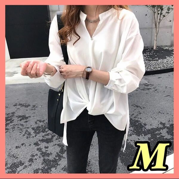 シャツ ブラウス M レディース 体型カバー ゆったり タック入り ホワイト M