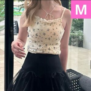 【新品未使用】タグ付き GRL カップ付き ブルー 花柄 シワ加工 キャミソール M