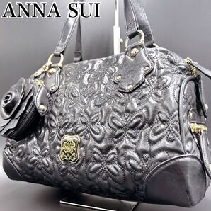 ☆極美品☆ ANNA SUI バタフライ ミニ ハンドバッグ バラ チャーム付き ブラック ロゴ ミニボストン オールレザー