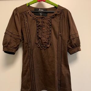ZARAザラカットソーストーンビーズパフスリーブブラウスブラウン