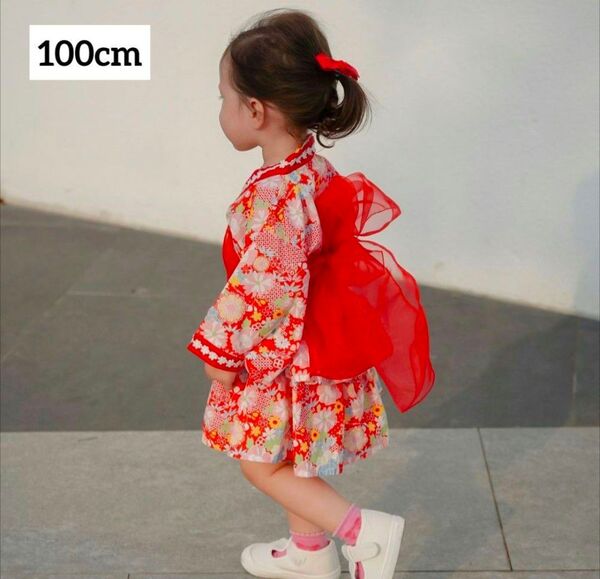 女の子 浴衣 100cm 浴衣ドレス ワンピース 赤 帯